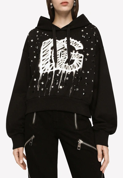 Dolce & Gabbana Crystal-embellished Dg Logo Print Hoodie In Black