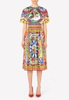 DOLCE & GABBANA CARRETTO PRINT RUFFLED SLEEVE SILK DRESS,F6J3RT GDS12 HH96D