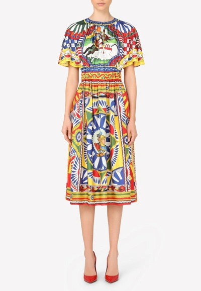 Dolce & Gabbana Carretto Print Ruffled Sleeve Silk Dress In Multicolor