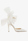 Jimmy Choo Averly 100 Satin Pumps With Crystal And Mesh Fascinator Bows In Ivory