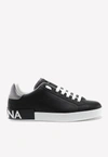 Dolce & Gabbana Portofino Sneakers In Black Leather With Silver Inserts In Black