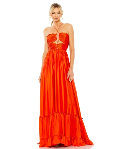 Mac Duggal Ruched Tiered Criss Cross Spaghetti Strap Gown In Orange