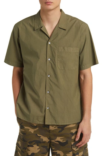 Frame Solid Cotton & Linen Short Sleeve Button-up Shirt In Old Green