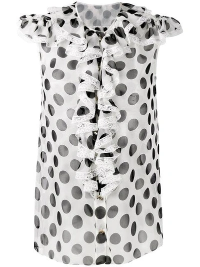 Dolce & Gabbana Ruffled Large-dot Silk Blouse, White/black In Multi