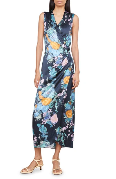 Vince Painted Bouquet Sleeveless Satin Wrap Dress In Blue