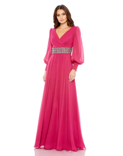 Mac Duggal Bishop Sleeve Wrap Over Belt Detail Flowy Gown In Cranberry