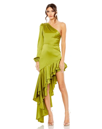 MAC DUGGAL GREEN CHARMEUSE ONE SLEEVE RUFFLED ASYMMETRICAL GOWN