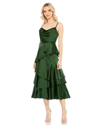 Mac Duggal Charmeuse Ruffle Tiered Spaghetti Strap Dress In Forest Green