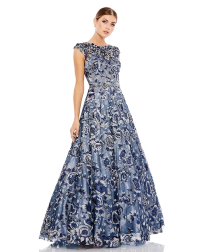 Mac Duggal Embellished Cap Sleeve High Neck Ballgown In Stormy Blue