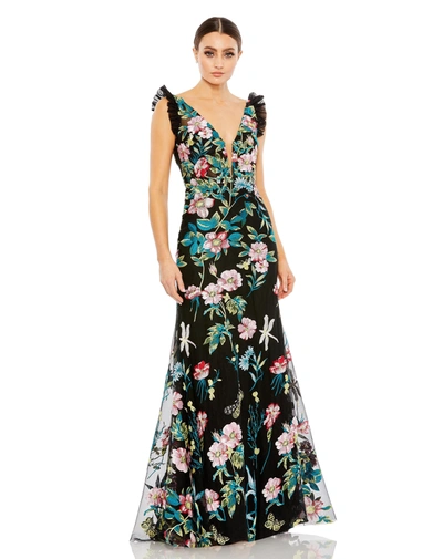 Mac Duggal Embroidered Floral Plunge Neck Trumpt Gown In Black Multi