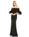 Mac Duggal Feather Trim Off The Shoulder Satin Trumpet Gown In Black