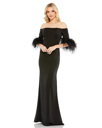Mac Duggal Feather Trim Off The Shoulder Satin Trumpet Gown In Black
