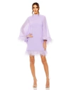 MAC DUGGAL HIGH NECK CAPE SLEEVE MINI DRESS WITH FEATHER TRIM