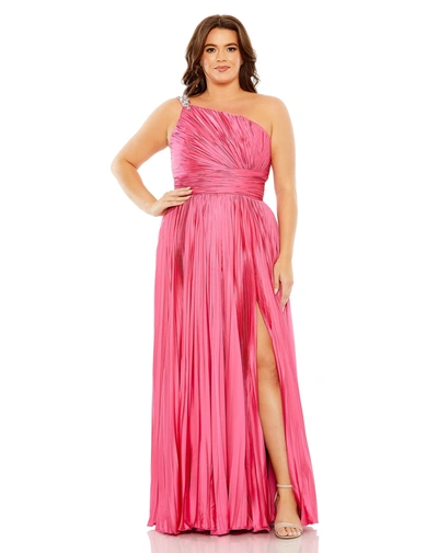 Mac Duggal One Shoulder Embellished Pleated One Sleeve Gown In Hot Pink