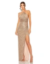 Mac Duggal One Shoulder Ruched Side Front Slit Sequin Gown In Copper