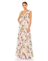 Mac Duggal Pleated Floral Cap Sleeve A Line Gown In Pink Multi