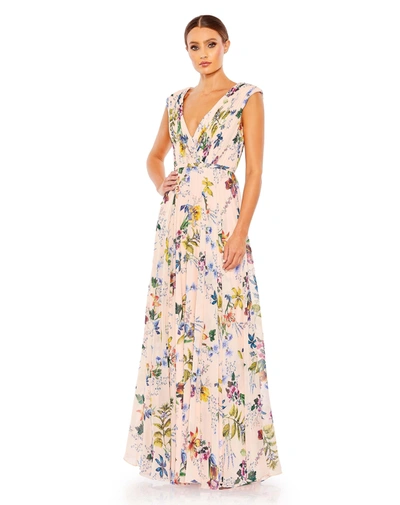 MAC DUGGAL PLEATED FLORAL CAP SLEEVE A LINE GOWN