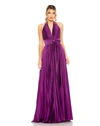 Mac Duggal Pleated Halter Neck Satin Gown In Plum