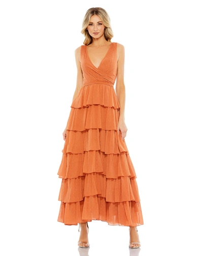MAC DUGGAL ORANGE POLKA DOT RUFFLE TIERED SLEEVELESS DRESS