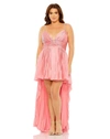 Mac Duggal Rhinestone High Low Pleated Gown In Coral
