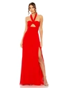 MAC DUGGAL RUCHED HALTER STRAP KEYHOLE CHIFFON GOWN