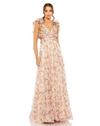MAC DUGGAL RUFFLE TIERED CUT-OUT CHIFFON FLORAL GOWN