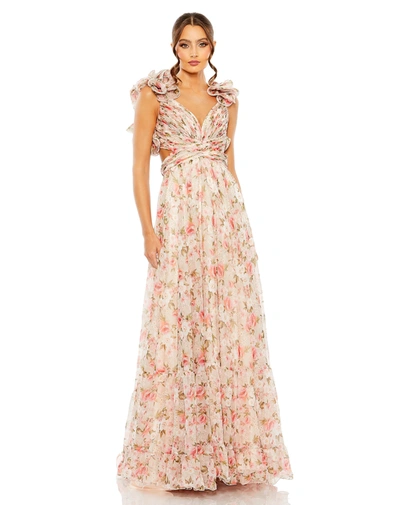 Mac Duggal Ruffle Tiered Cut-out Chiffon Floral Gown In Floral Multi