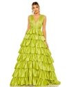 Mac Duggal Ruffle Tiered Pleated Sleeveless V Neck Gown In Green
