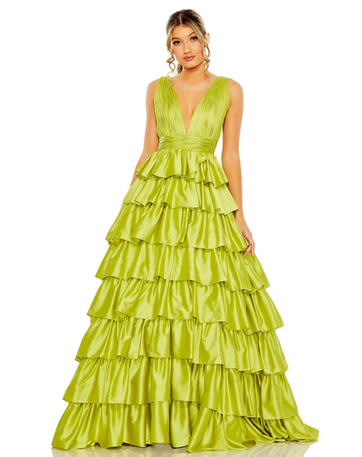 Mac Duggal Ruffle Tiered Pleated Sleeveless V Neck Gown In Green