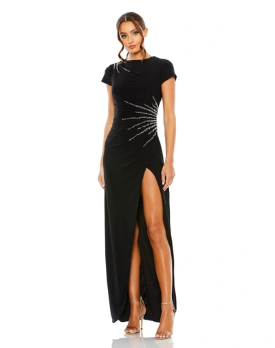 Mac Duggal Slit Gown With Side Beaded Detail In Black