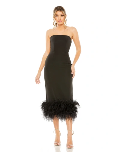 Mac Duggal Strapless Column Dress With Feather Trim In Black