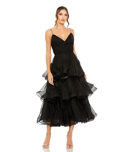 Mac Duggal Women's Tiered Ruffled Tulle Midi-dress In Black