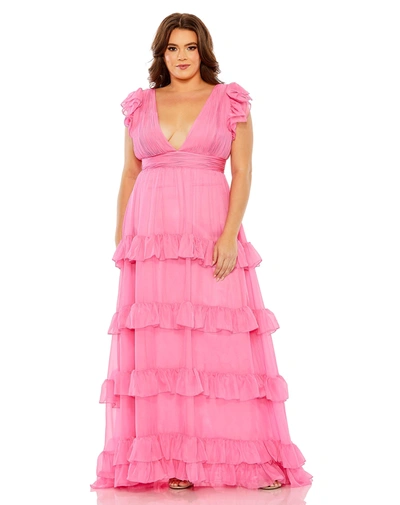 Mac Duggal Tiered V-neckline Ruched Gown In Petal Pink