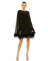 Mac Duggal Long Sleeve Feather Trim Trapeze Minidress In Black