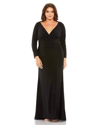 Mac Duggal V Neck Long Sleeve Faux Wrap Gown In Black