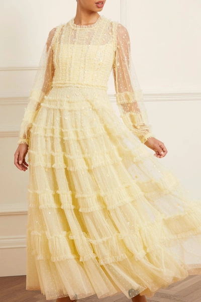 Needle & Thread Violet Shimmer Embellished Ruffled Gown In Yellow