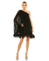 Mac Duggal One Shoulder Trapeze Dress With Feather Trim In Black