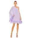 Mac Duggal High Neck Cape Sleeve Mini Dress With Feather Trim In Lilac