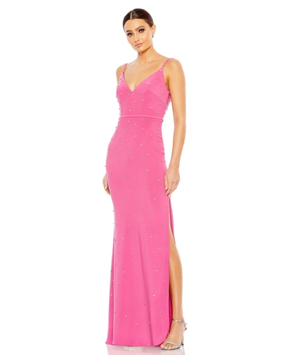 Ieena For Mac Duggal Rhinestone Embellished V-neck Gown In Candy Pink