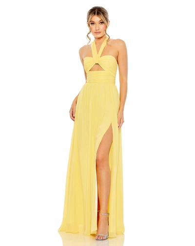 Mac Duggal Ruched Halter Strap Keyhole Flowy Gown In Sunshine