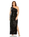 Mac Duggal Long Sleeve Sequin Faux Wrap Gown In Black