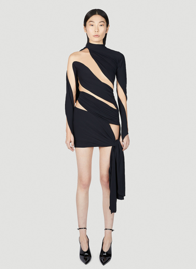 Mugler Asymmetric Jersey And Tulle Mini Dress In Black