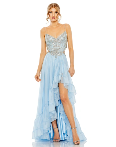 Mac Duggal Embellished Cut Out Open Back High Low Gown In Powder Blue