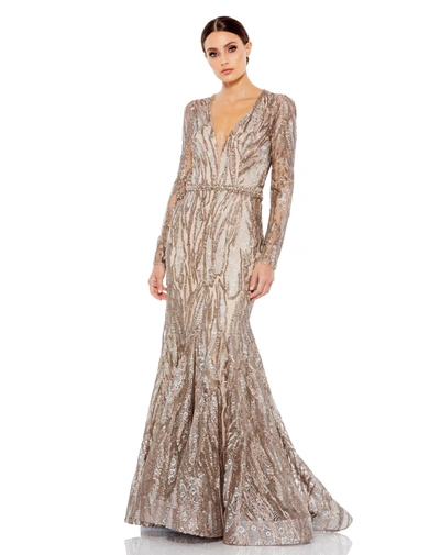 Mac Duggal Embellished Long Sleeve Plunge Neck Trumpet Gown In Taupe