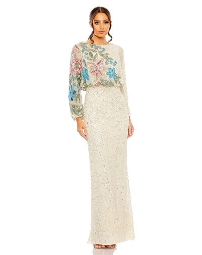 Mac Duggal Embellished Multi Color Floral High Neck Gown In Nude Multi
