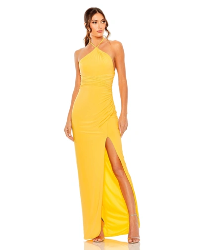 Mac Duggal Halter Neck Rouched Side Front Slit Gown In Marigold