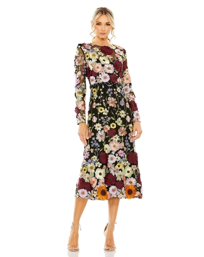 Mac Duggal Hand Stitched Floral Embellished High Neck A-line Dress In Black Multi