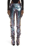LAQUAN SMITH IRIDESCENT VIOLET QUILTED DETAIL MOTO FAUX LEATHER PANTS