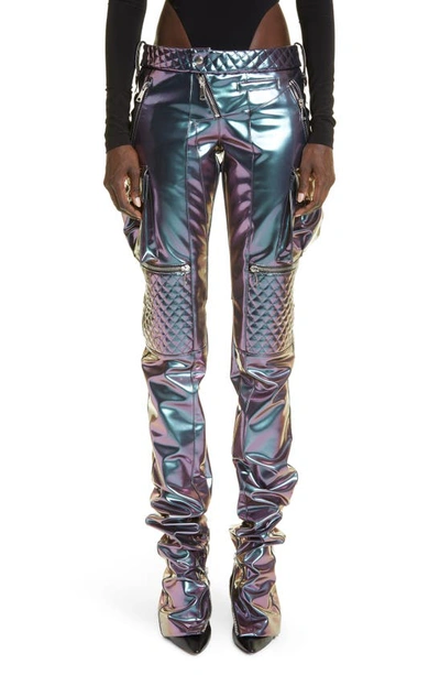 Laquan Smith Iridescent Violet Quilted Detail Moto Faux Leather Pants In Metallic