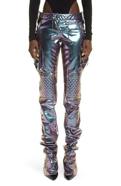 Laquan Smith Iridescent Violet Quilted Detail Moto Faux Leather Pants